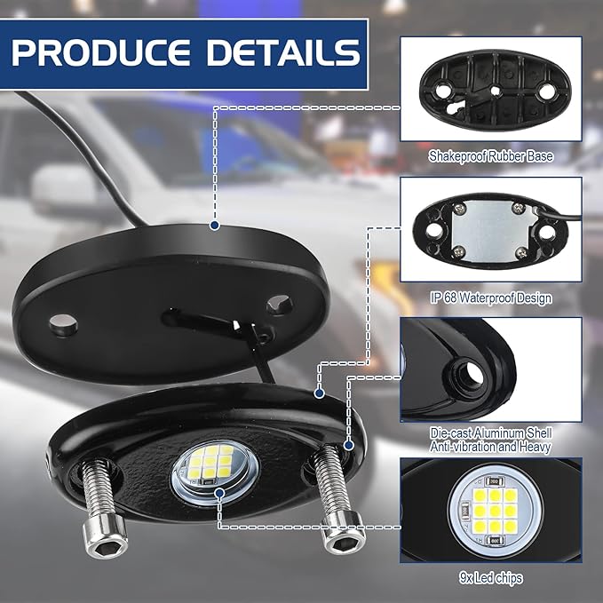 Baquler 30 Pods Rock Lights White Underglow Lights for Trucks Car SUV Waterproof Shockproof LED Ambient Rocklights Automotive Trailer Lighting for Motorcycle Boat ATV UTV(9LED Chips Style)