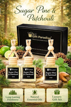 Sugar Pine & Patchouli Car Air Freshener Set of 3 (10 ml Each), Hanging Diffuser Bottles with Wooden Cap, Woodsy Earthy Fragrance for Car, Home & Office, Magnetic Gift Box