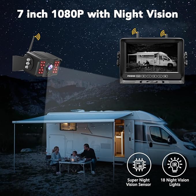 2 Wireless Backup Camera with 7" 1080p Monitor, RV Backup Camera for Furrion Pre-Wired, Recording 4-Channel Split Screen, IR Night Vision, IP69 Wide Angle, Back up Camera Systems for Truck Trailer