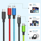 USB C Multi Charging Cable, Dual USB C 4 in 1 Charging Cable, Multi Chargers for All Devices with IP/Type C/Type C/Micro Port, Compatible with Most Cell Phones/Tablets and More [2Pack 5FT]