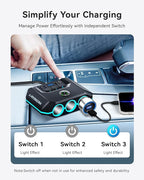 Anyongora 7-in-1 Cigarette Lighter Splitter, 120W Car Charger Adapter with 3 Sockets & Independent Switches, 4 USB Ports (USB-A/USB-C), LED Voltage Display, UL Certified, Built-in Fuse + Spare Fuse