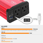 ALLWEI 300W Power Inverter DC 12V to 110V AC, Compact Car Plug Adapter Outlet with 65W PD USB-C &18W USB-A Fast Charging, Cigarette Lighter Adapter Car Charger for Phone, Laptop on Road Trip - Red