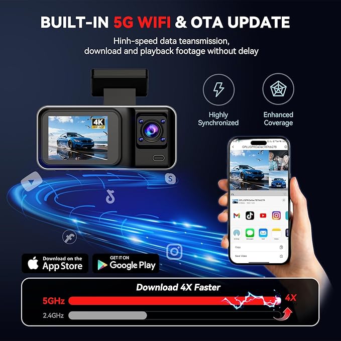 3 Channel 4K Dash Cam with 5GHz WiFi & APP Control, 4K+1080P+1440P Dash Cam Front and Rear Inside with 64GB Card, Dash Camera for Cars with Night Vision, Loop Recording, 24H Parking Mode, G-Sensor