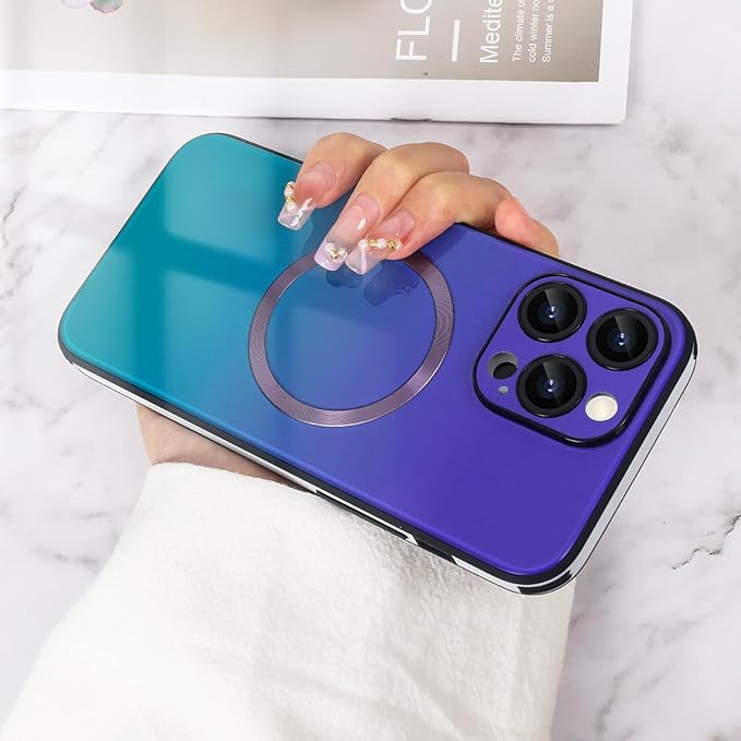 Guppy Compatible with iPhone 14 Pro with MagSafe Case, Magnetic Gradient Case with MagSafe Charging, Gradient Glass Back Cover with Lens Film-Purple