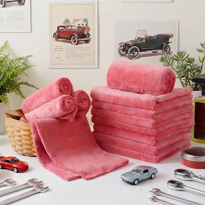 Shimeyao 30 Pcs Edgeless Microfiber Plush Towels for Cars Detailing Drying Wash Polishing Absorbent Cleaning Cloths, 500 GSM (16 x 16 Inch,Vivid Red)