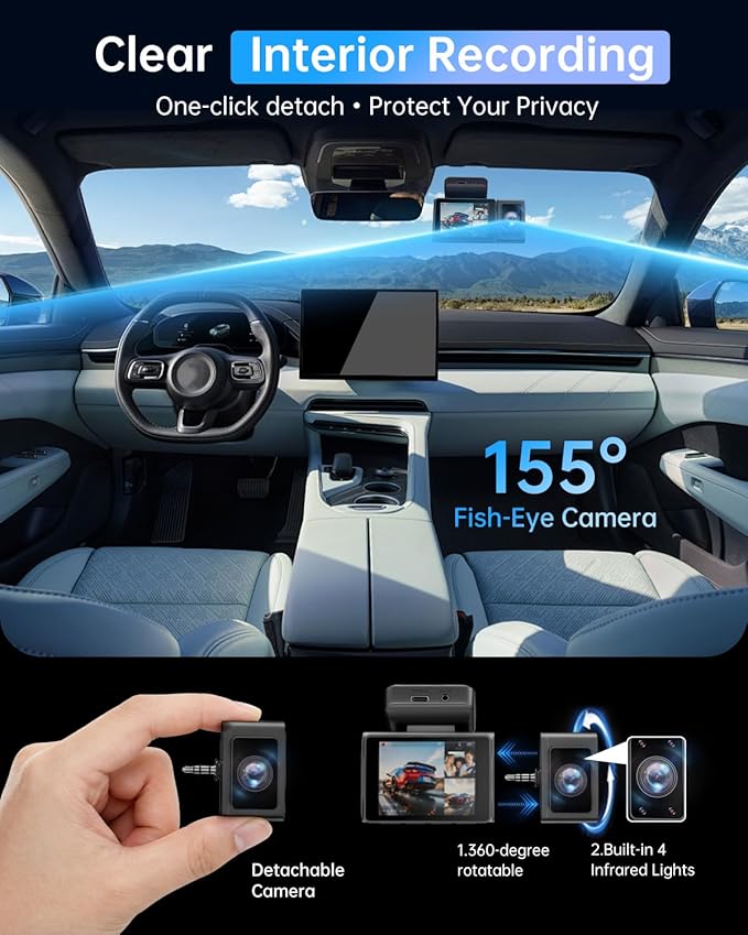 Dash Cam Front and Rear Inside - 3 Channel Dash Cam (4K+1080P+1080P) Built-in 5GHz WiFi APP & 64GB Card - Dashcam with IR Night Vision - Dash Camera for Cars Parking Mode G-Sensor Loop Recording(X7)