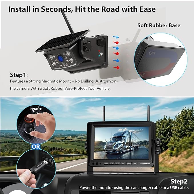Magnetic Solar Wireless Backup Camera System, HD 1080P 7" Monitor with Rear View Camera for RV/Trailer/Fifth Wheels/Camper, Night Vision, Portable Rechargeable Battery, Loop Recording-ZEROXCLUB BS701