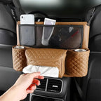 zipelo Car Handbag Holder Between Seats, PU Leather Multi-Pocket Large Capacity Purse Holder, Auto Net Bag Barrier of Backseat Pet Kids, Car Seat Organizers and Storage for Cargo Tissue Cup (Brown)