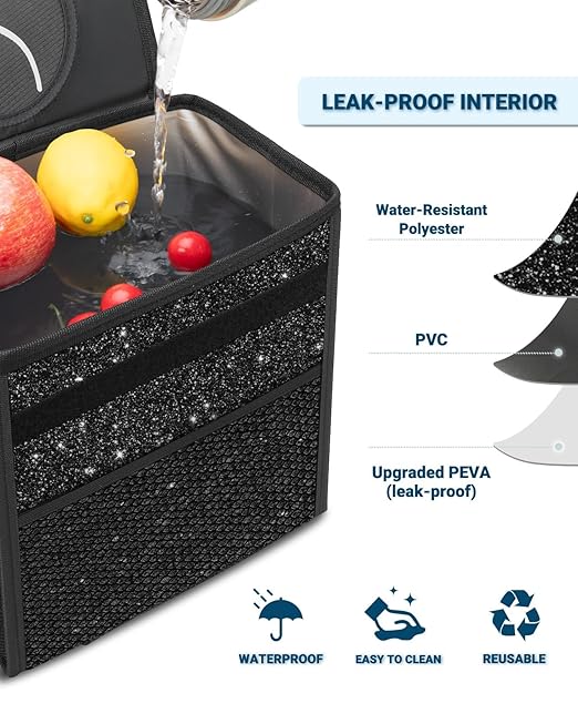 Capolo Car Trash Can with Lid, Leakproof Car Trash Bag Hanging Waterproof Automotive Garbage Can with Storage Pockets Mini Vehicle Trash Bin for Back/Front Seat(Sparkly Black,2.5 Gallon)