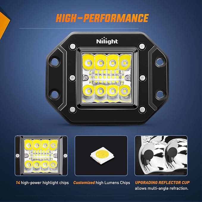 Nilight 4PCS 42W Flush Mount LED Light Pods - Upgraded Spot Flood Combo Beam Driving, Work, Backup, Reverse, Grill Mount Light for Offroad 4x4 Truck SUV