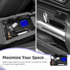 LUWU 3PCS 2025 2026 Mustang Center Console Organizer Compatible with Ford Mustang 2024 2025 2026 Accessories Armrest Console Storage Box Insert Tray Door Side Tray ABS Material Coin Container Black