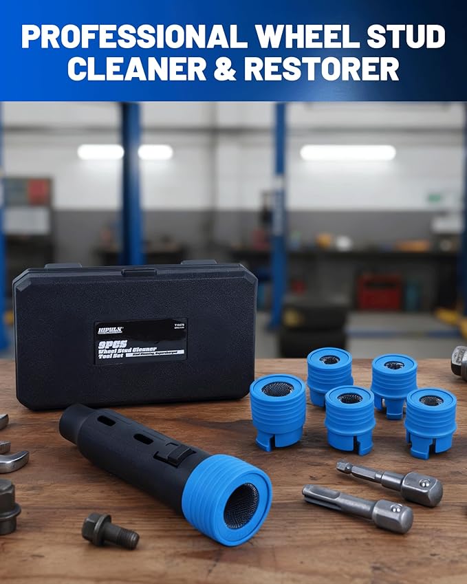 Wheel Stud Cleaner Set, 9-PCS Nylon Thread Cleaning Kit for Impact Wrench & Power Drill, 7/16" to 1-1/8", Safe for Brake Disc & Hub, Restores Proper Torque for Cars, Trucks, SUVs