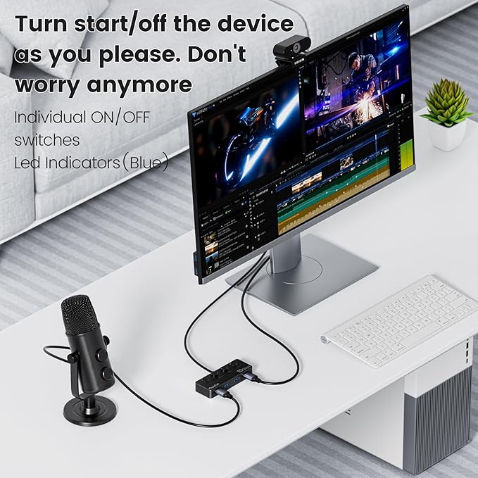 Qeefun 4-Port USB 3.2 Hub, Individual LED Power Switches, 10Gbps Data Transfer USB 3.2 Gen 2 Splitter with 4ft Extension Cable, Multiple USB Extender for Laptop, PC, iMac, USB Flash Drives and More