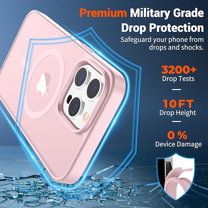 SUPFINE Magnetic for iPhone 14 Pro Case with Screen Protector (Compatible with MagSafe) (Military Grade Drop Protection) Translucent Matte Shockproof Phone Cover,Light Pink