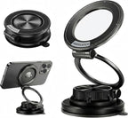 Magnetic Car Phone Mount, 0.83" Ultra-Slim Foldable Holder, [Vacuum Suction & Adhesive Pad] for Textured Dashboard/Windshield, 3-Joint Metal MagSafe Mount for iPhone 17 Pro Max/Pixel (Black)