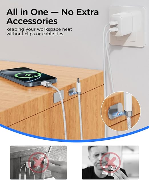 StayCable 5FT USB A to USB C Cable with Built-in Magnetic Holder for Nightstand, Desk and Car, 3A Fast Charging Anti-Fall Cord with 2 Adhesive Metal Plates, Braid Type-C Data Cable for iPhone 17