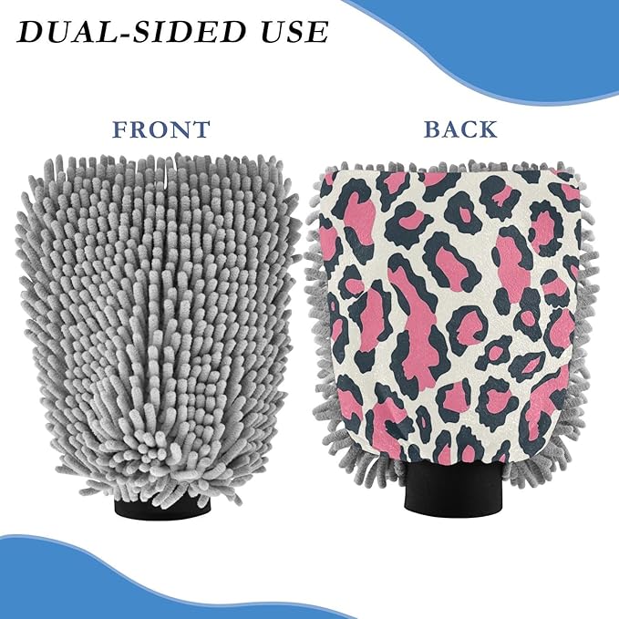 ALAZA Pink Leopard Print Cheetah Car Wash Mitt Scratch Free, 2 Pack Absorbent Microfiber/Chenille Washing & Drying Mitts, M