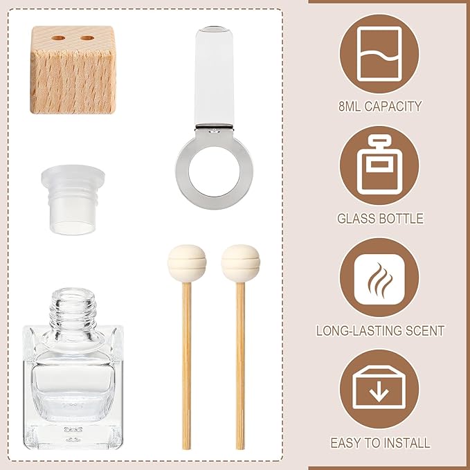 Zubebe 60 Pcs Car Diffuser Bottles Empty Bulk Vent Clip Car Air Freshener Diffuser for Essential Oil Perfume Glass Bottle with Wooden Caps Stick Fragrance Ornament (Clear)