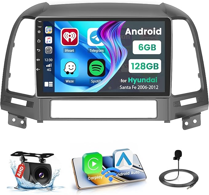 Hikity 6+128GB 8 Core for 2006-2012 Hyundai Santa Fe Upgrate Android Radio with Wireless Carplay, 9'' Touch Screen Stereo Dash Kit, Android Auto/32EQ DSP/Bluetooth 5.0/GPS/WiFi/SWC, Backup Camera
