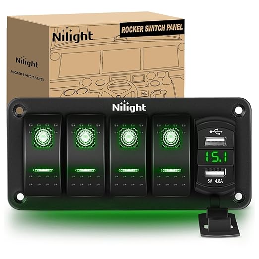 Nilight 4 Gang Rocker Switch Panel Green Backlit with 4.8 Amp Dual USB Charger Voltmeter Waterproof 12V 24V DC Night Glow Stickers for Car Trucks Boats RVs