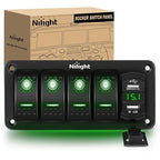Nilight 4 Gang Rocker Switch Panel Green Backlit with 4.8 Amp Dual USB Charger Voltmeter Waterproof 12V 24V DC Night Glow Stickers for Car Trucks Boats RVs