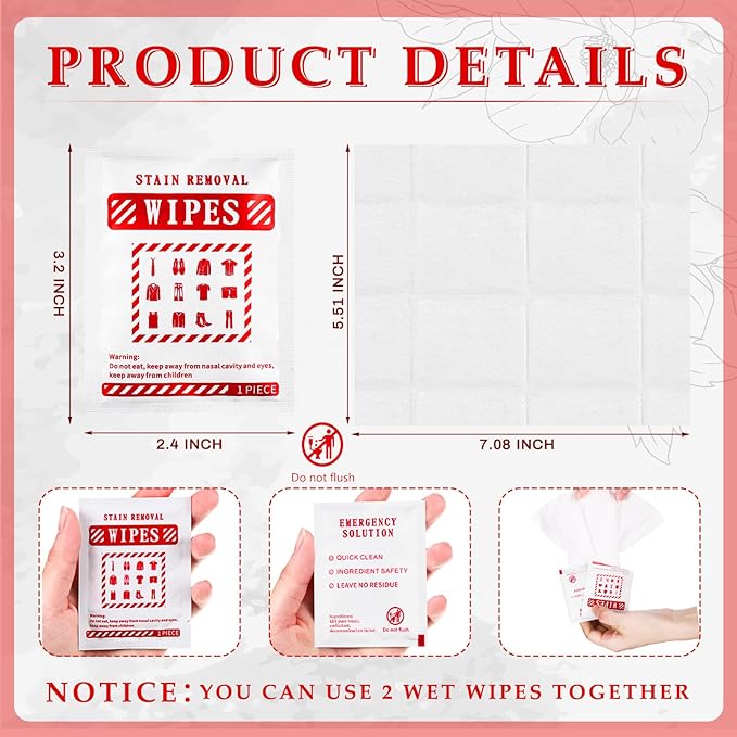 Timgle 200 Pcs Instant Stain Remover Wipes Individual Wrapped Stain Remover Wipes Bulk Portable No-rinse Cleaner for Clothes Fabric Coffee Grease Travel Purse Diaper Bag Car Laundry (White)