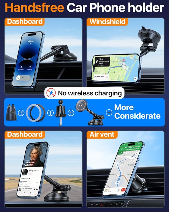 HTU 2026 Upgraded for Magsafe Car Mount [80LBS Strongest Suction & Military-Grade] Powerful Magnetic Cell Phone Holder for Car Dashboard Windshield for iPhone 17 16 15 14 Pro Max Mini (Dark Grey)