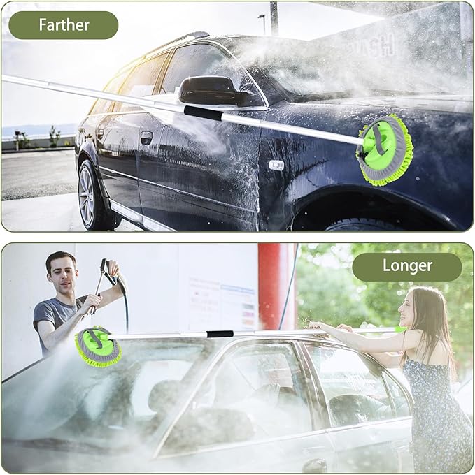 62" Car Wash Brush with Long Handle and Car Wash Brush Microfiber Car Cleaning Brush Kit for Car RV Truck Cleaning 1 Chenille Scratch-Free Replacement Head with Aluminum Alloy Pole (Green)