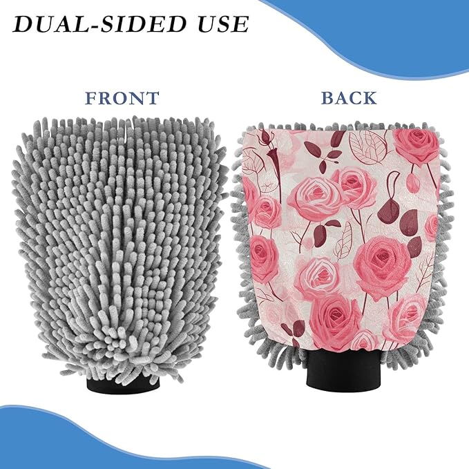Kigai Roses Car Wash Mitt 2PCS Ultra Absorbent Chenille Microfiber Car Washing Glove Scratch Free Lint Free Wash Sponge Auto Cleaning Glove, 11.8x8.1 inch