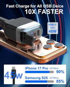 87W Retractable Car Charger, 4-in-1 Fast USB C Charging Car Adapter with 45W Type C Cable for iPhone 17/16 Pro Max & Samsung, 12W Lightning Cable for iPhone 14, Travel Essentials Car Accessories