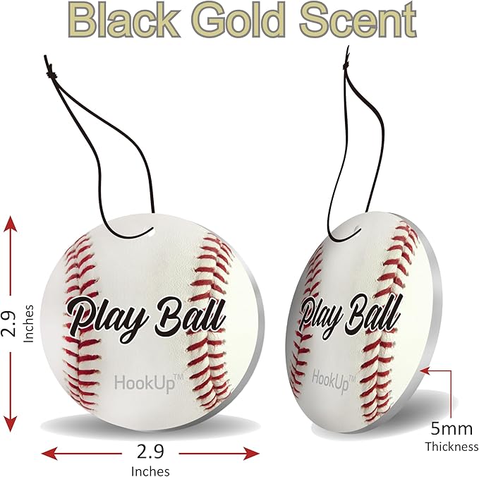 Baseball Car Air Freshener by HookUp - 50 Pack - Black Gold Scent (Extra Strong) | Unique Baseball Gift for Players, Coach, Fans | Hanging Car Accessory with Long Lasting Fresheners Smell