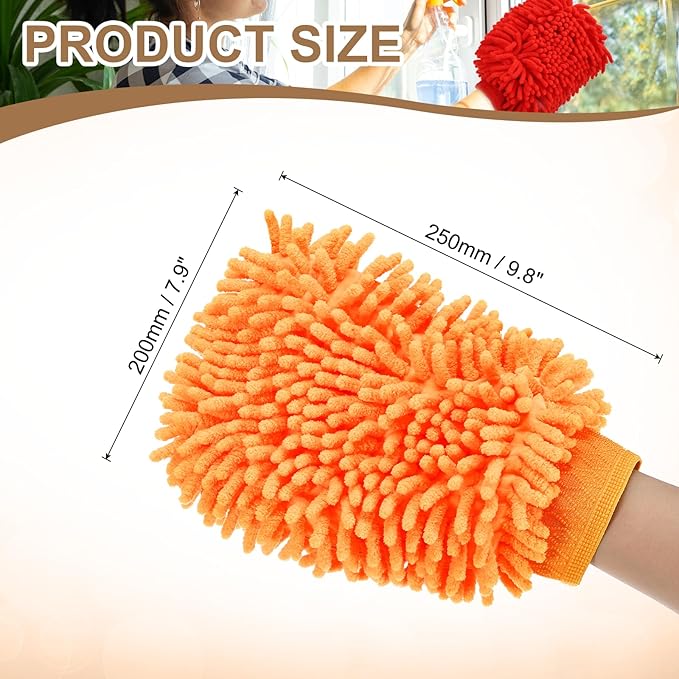 HARFINGTON Premium Chenille Microfiber Car Wash Mitts 9.8" x 7.9" Scratch Free Wash Gloves Absorbent Double Sided Plush Cleaning Drying Mitts for Car Washing Home Orange Yellow