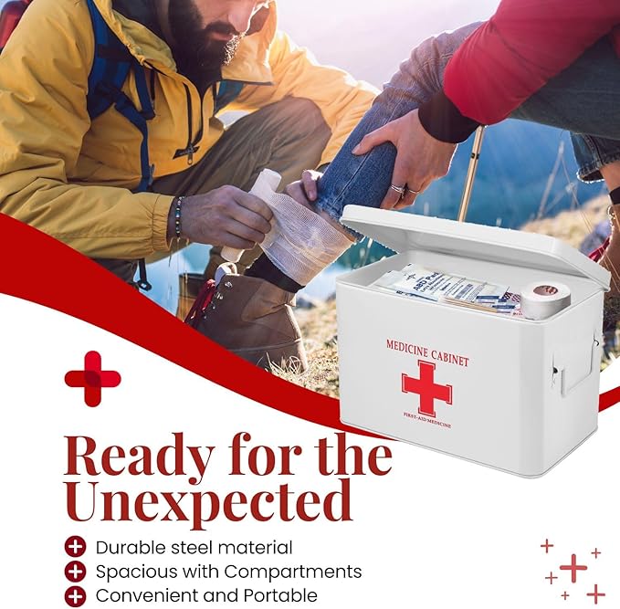 Flexzion First Aid Box Organizer Empty 13" White Vintage First Aid Kit Tin Metal Medical Box - First Aid Storage Box Container Bins with Dividers, Removable Tray and Red Cross Logo
