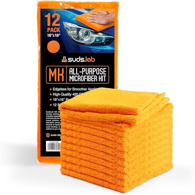 Suds Lab Premium Microfiber Towels for Car Detailing, Cleaning, Washing, Polishing - 16"x16" Ultra-Soft, Edgeless, Scratch-Free Cloth, Dual-Weave, Pack of 12