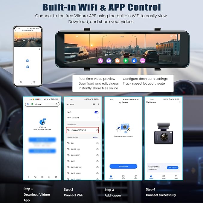 4K Mirror Dash Cam 10.88 Inch Rear View Mirror Front and Rear View Dual Cameras,GPS Tracking,Loop Recording,G-Sensor,Parking Assistance,APP Control,Parking Monitor,Waterproof Backup Camera