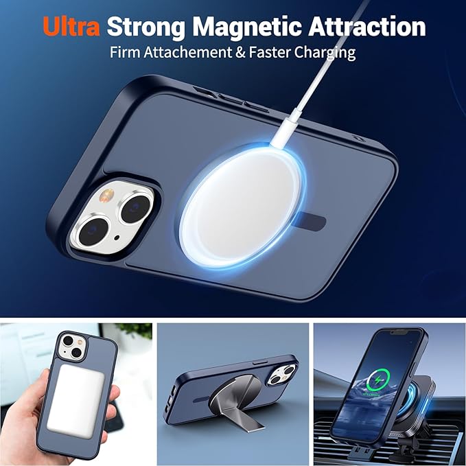 SUPFINE Magnetic for iPhone 15 Plus Case & iPhone 14 Plus Case with Screen Protector (Compatible with MagSafe)(Military Grade Drop Protection) Translucent Shockproof Phone Cover,Dark Blue