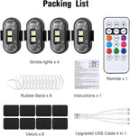4PCS Wireless LED Strobe Lights with Remote Control, 8 Colors Rechargeable Led Lights Anti-Collision LED Emergency Warning Lights for Car Motorcycle Bike Drone Aircraft