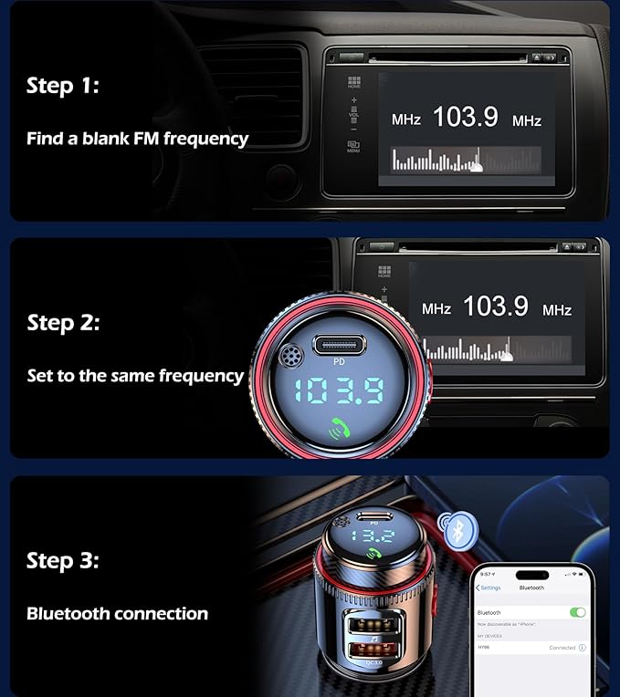 LIHAN Bluetooth 5.4 Car Adapter FM Transmitter, USB-C PD 30W & QC3.0 18W Fast Charging, HiFi Bass EQ, CVC Hands-Free Calls, Siri Google Assistant, Wireless Radio Adapter for 12V/24V Cars/Trucks/Vans