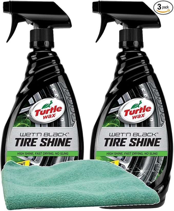 Turtle Wax Wet n' Black Tire Shine Bundle with Microfiber Cloth (3 Items)