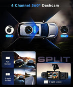 360° Dash Cam Front and Rear Inside Left Right, 3 Inch 4 Channel FHD 1080P Dash Cam for Cars, IPS Dashcams with Night Vision, Loop Recording, 24H Parking Mode Monitor, Reverse View