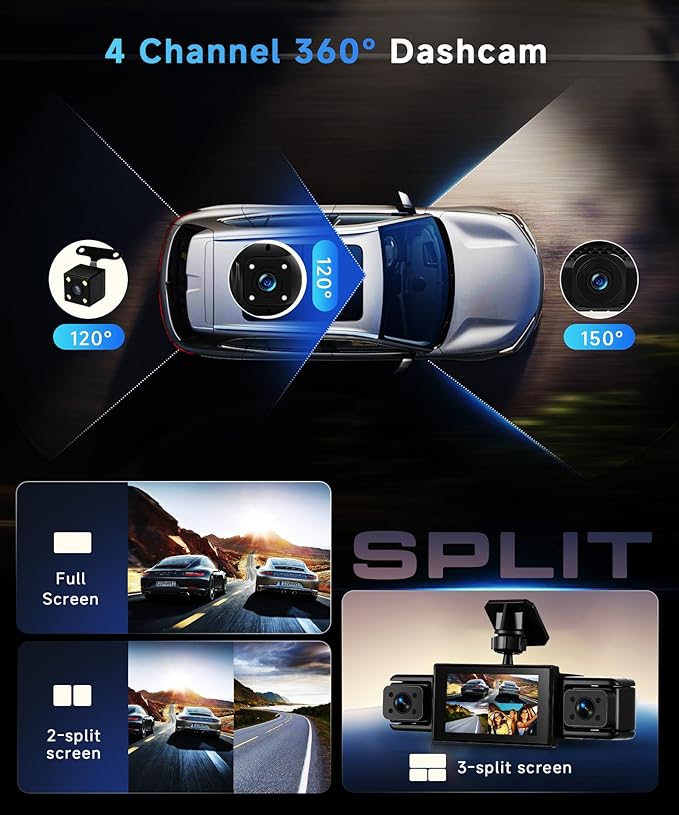 360° Dash Cam Front and Rear Inside Left Right, 4 Channel FHD 1080P Dash Cam for Cars, 3 Inch IPS Dashcams with Night Vision, Loop Recording, 24H Parking Mode Monitor, Reverse View