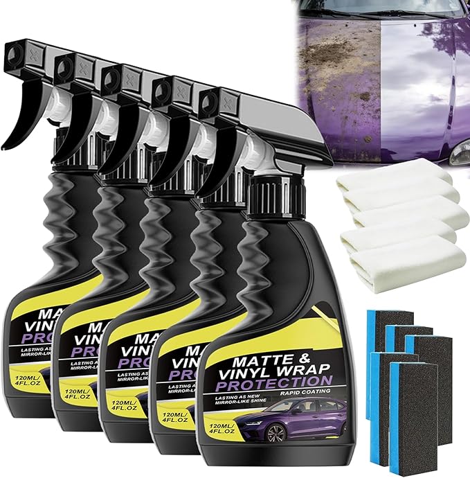 Matte & Vinyl Wrap Protection Spray, 2026 New Cars Vinyl Wrap Protectant Cleaner, Quick Drying Matte Paint Cleaner for Car, Matte Finish Detailer and Spray Sealant for Cars (5Sets)