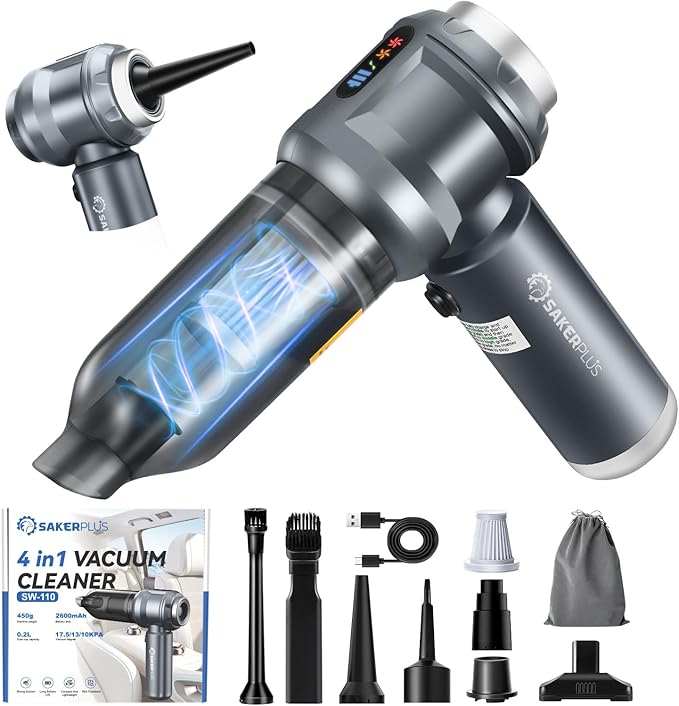 SakerPlus 4 in 1 Handheld Car Vacuum Cleaner, 17500PA High Power Rechargeable Portable Vacuum with LED Light, Multi Nozzles for Car, Home & Office–Ideal for Family(Light Grey)