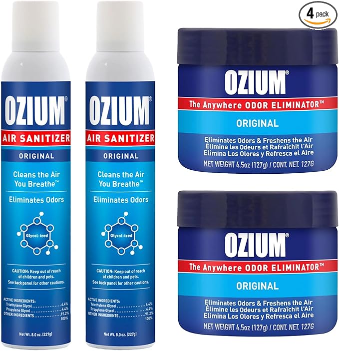 Ozium 8oz Spray and 4.5oz Gel Combo Kit - Original Scent, Powerful Odor Eliminator for Strong Odor, Car Air Freshener.