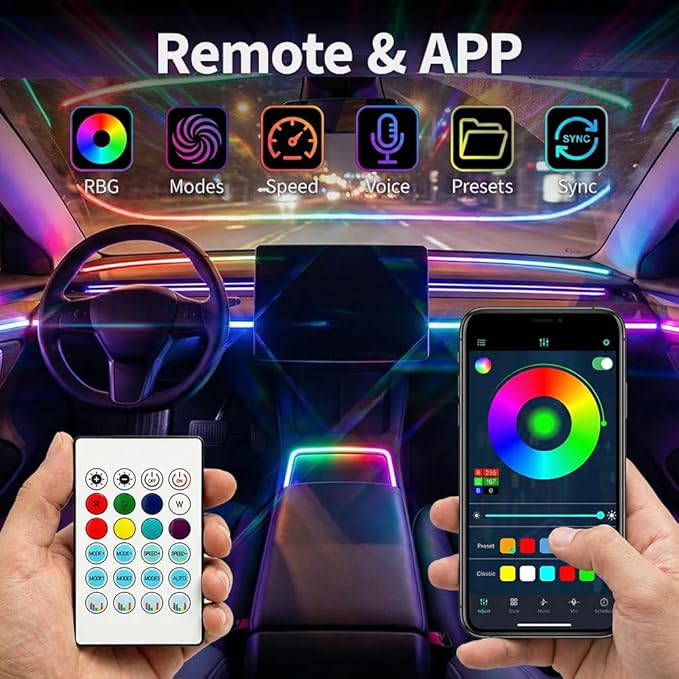 Ambient Lighting Car Led Lights Interior Kit with Wireless APP,43.3 inches Dream Color Acrylic Led Strips Lights for Car, 12V Fiber Optic Music Sync Neon Center Console Dashboard Interior Lights