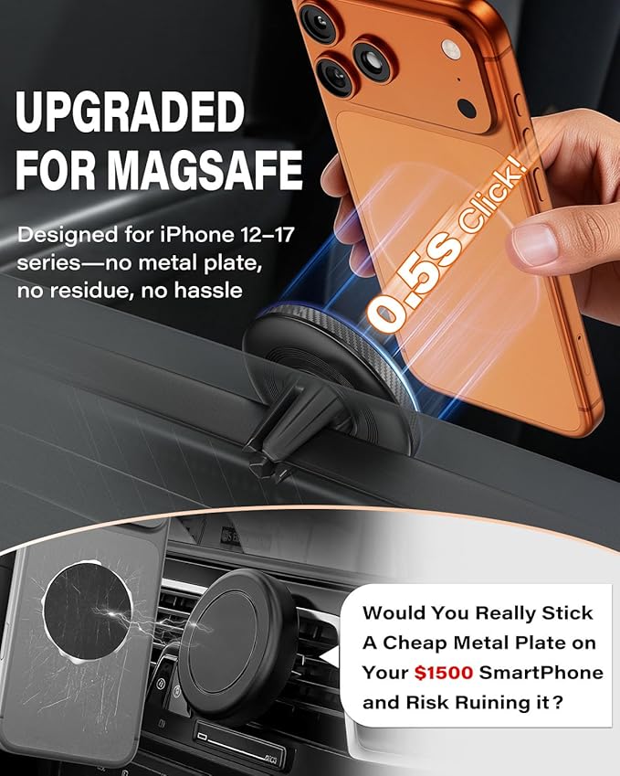 A2C Slim Magnetic Phone Holder for Car, Rental Car Essentials for Travel, No Assembly, Compact, One-Hand Operation, Easy Removal, Reusable, Upgraded Air Vent Phone Mount Compatible with MagSafe iPhone