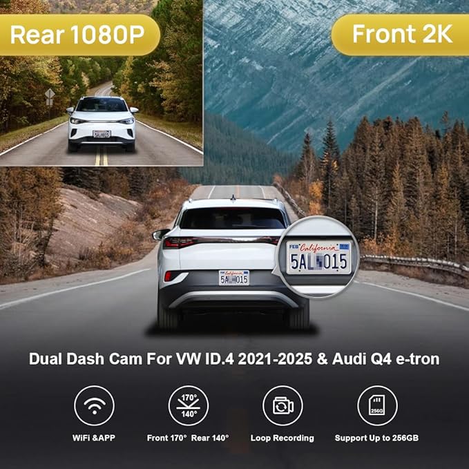 Fitcamx Front 2K+Rear 1080P Dash Cam Adapts for Volkswagen ID.4 2021-2025 & Audi Q4 e-tron Sportback 2022-2026, OEM Style, Dual HD Video, WiFi & APP, Loop Recording, G-Sensor, Easy to Set, 64GB Card