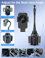 Cup Holder Phone Mount, [Auto Clamping] 2 in 1 Wireless Car Charger Holder Fast Charging, 15W with Quick Extension Long Arm, Fast Swivel Adjustable, 360° Rotatable for iPhone 17/16/15/14/13/12 pro/12