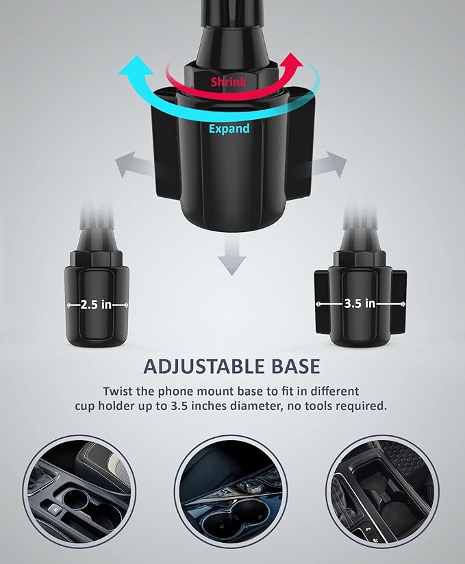 Double Phone Holder for Car Cup Holder – Extra Long and Flexible Neck, 360° Rotatable Cradle Car Phone Mount - Adjustable Cell Cup Holder, Universal Size Fits 2 iPhone, Samsung, GPS