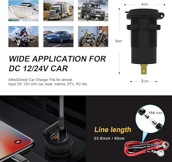 12V USB Outlet - 90W(Max) Dual Ports QC4.0 PD & Quick Charge3.0 Car Charger Socket with LED Indicator - Waterproof USB C Port for Car Boat Marine Motorcycle RV Truck ATV Golf Cart